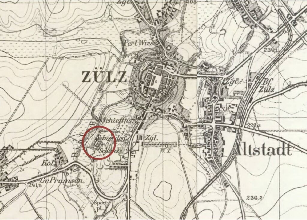 BIAŁA st. 1, fragment mapy Messtischblatt nr 3301, z zaznaczoną lokalizacją stanowiska (opracowanie: M. Legut-Pintal, Katalog Zamków i Dworów Obronnych Śląska [https://zamki.pwr.edu.pl/]. Licencja: CC BY-NC 4.0 [https://creativecommons.org/licenses/by-nc/4.0/])