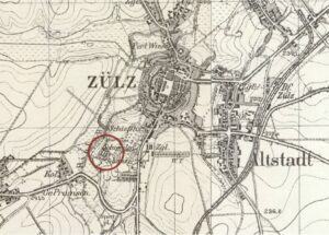 BIAŁA st. 1, fragment mapy Messtischblatt nr 3301, z zaznaczoną lokalizacją stanowiska (opracowanie: M. Legut-Pintal, Katalog Zamków i Dworów Obronnych Śląska [https://zamki.pwr.edu.pl/]. Licencja: CC BY-NC 4.0 [https://creativecommons.org/licenses/by-nc/4.0/])