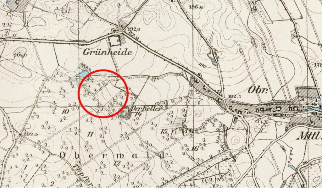 GNOJNA, st. 1 i 2, fragment mapy Messtischblatt nr 3079, z zaznaczoną lokalizacją stanowisk (oprac. M. Legut-Pintal, Katalog Zamków i Dworów Obronnych Śląska [https://zamki.pwr.edu.pl/]. Licencja: CC BY-NC 4.0 [https://creativecommons.org/licenses/by-nc/4.0/])