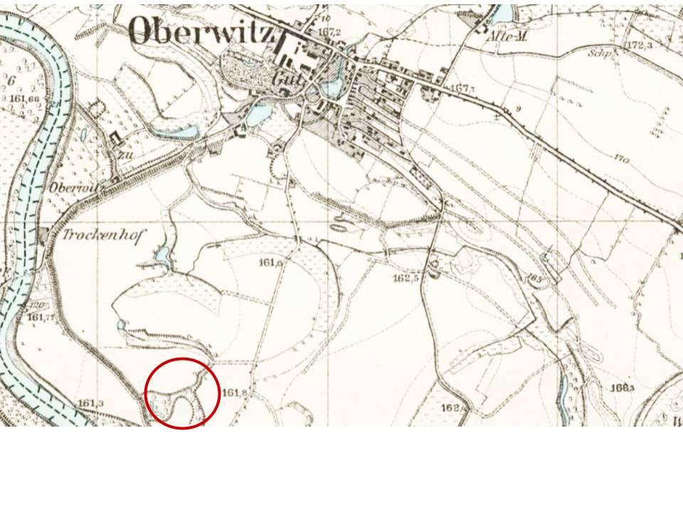 OBROWIEC, st. 1, fragment mapy Messtischblatt nr 3141, z zaznaczoną lokalizacją grodziska
