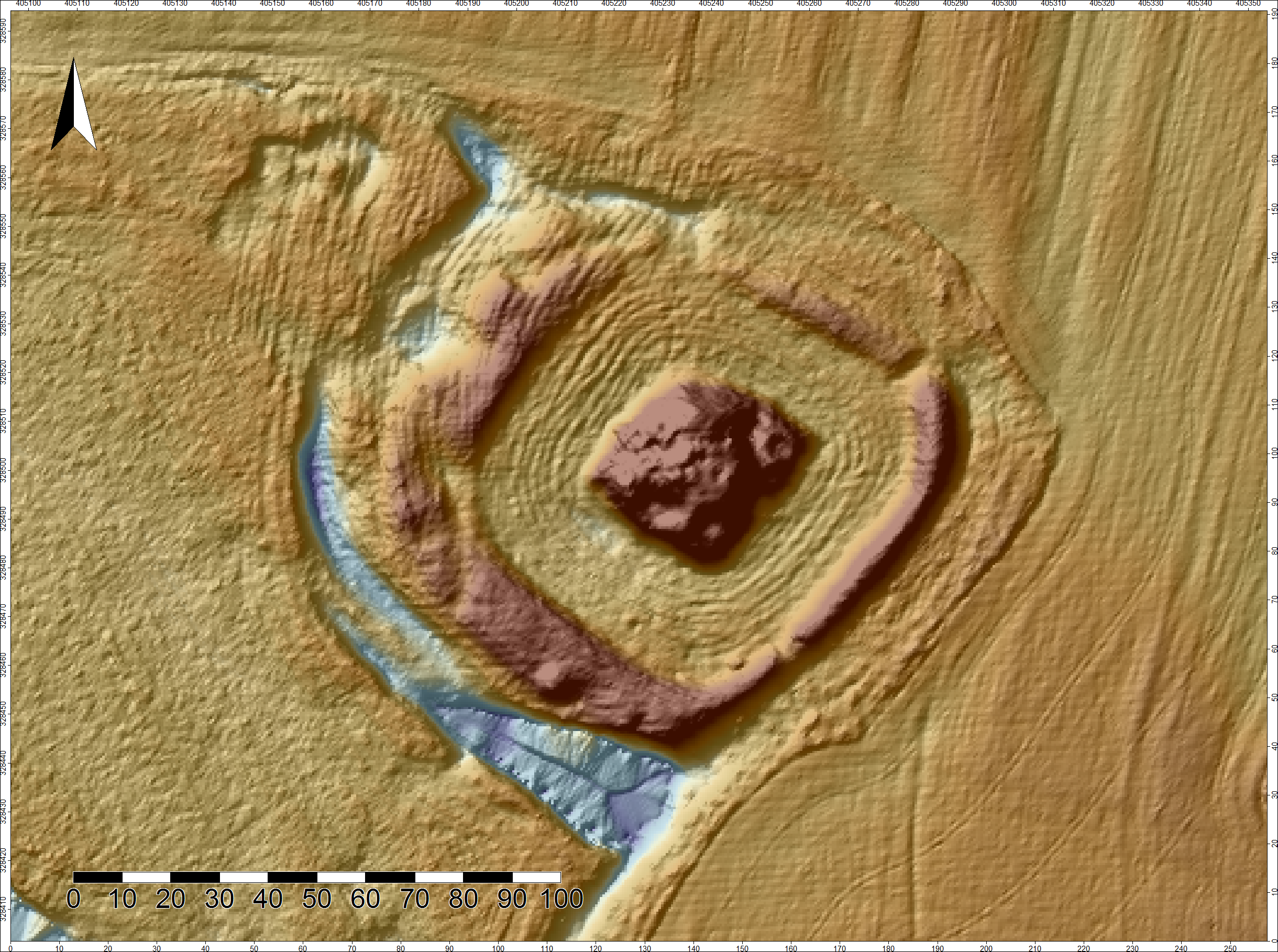 WRONÓW, st. 1, model cieniowanego reliefu stanowiska (oprac. M. Legut-Pintal, Katalog Zamków i Dworów Obronnych Śląska [https://zamki.pwr.edu.pl/]. Licencja: CC BY-NC 4.0 [https://creativecommons.org/licenses/by-nc/4.0/])