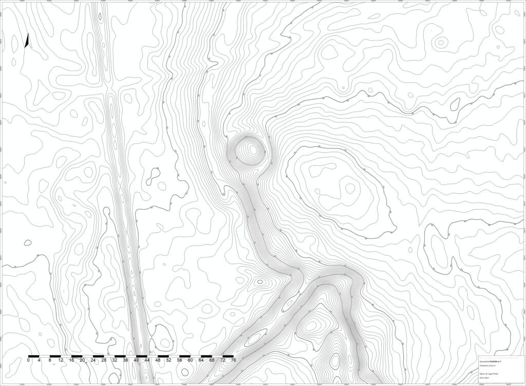 PUSZYNA, st. 7, plan warstwicowy otoczenia stanowiska (oprac. M. Legut-Pintal, Katalog Zamków i Dworów Obronnych Śląska [https://zamki.pwr.edu.pl/]. Licencja: CC BY-NC 4.0 [https://creativecommons.org/licenses/by-nc/4.0/])