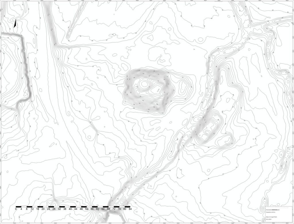 RUDZICZKA, st. 1, plan warstwicowy otoczenia stanowiska (oprac. M. Legut-Pintal, Katalog Zamków i Dworów Obronnych Śląska [https://zamki.pwr.edu.pl/]. Licencja: CC BY-NC 4.0 [https://creativecommons.org/licenses/by-nc/4.0/])