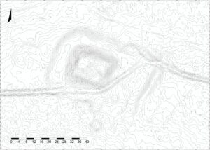 BĄKÓW, st. 1, plan warstwicowy stanowiska (oprac. M. Legut-Pintal, Katalog Zamków i Dworów Obronnych Śląska [https://zamki.pwr.edu.pl/]. Licencja: CC BY-NC 4.0 [https://creativecommons.org/licenses/by-nc/4.0/])