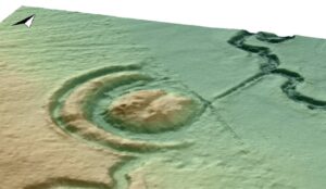 RUDZICZKA, st. 3, widok 3D na podstawie numerycznego modelu terenu stanowiska (oprac. M. Legut-Pintal, Katalog Zamków i Dworów Obronnych Śląska [https://zamki.pwr.edu.pl/]. Licencja: CC BY-NC 4.0 [https://creativecommons.org/licenses/by-nc/4.0/])