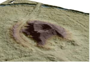 PRZECHÓD, nr 1, widok 3D stanowiska na podstawie numerycznego modelu terenu (oprac. M. Legut-Pintal, Katalog Zamków i Dworów Obronnych Śląska [https://zamki.pwr.edu.pl/]. Licencja: CC BY-NC 4.0 [https://creativecommons.org/licenses/by-nc/4.0/])