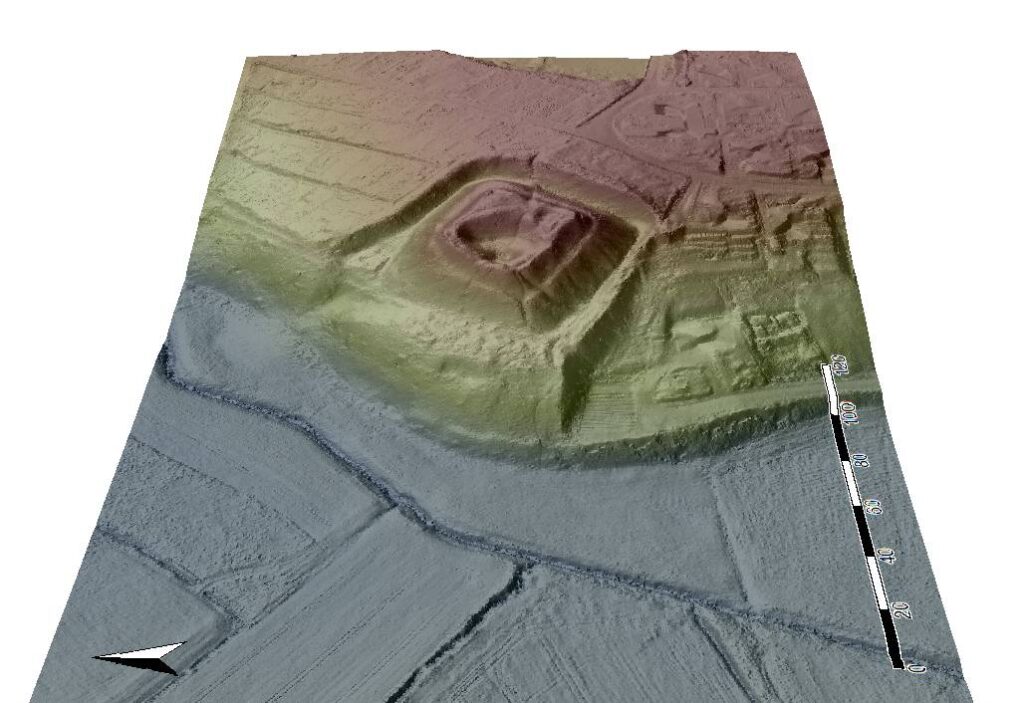 BIAŁA st. 1, widok 3D modelu stanowiska od zachodu, na podstawie numerycznego modelu terenu (opracowanie: M. Legut-Pintal, Katalog Zamków i Dworów Obronnych Śląska [https://zamki.pwr.edu.pl/]. Licencja: CC BY-NC 4.0 [https://creativecommons.org/licenses/by-nc/4.0/])
