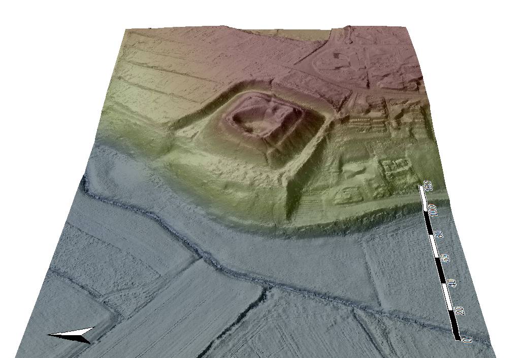 BIAŁA st. 1, widok 3D modelu stanowiska od zachodu, na podstawie numerycznego modelu terenu (opracowanie: M. Legut-Pintal, Katalog Zamków i Dworów Obronnych Śląska [https://zamki.pwr.edu.pl/]. Licencja: CC BY-NC 4.0 [https://creativecommons.org/licenses/by-nc/4.0/])