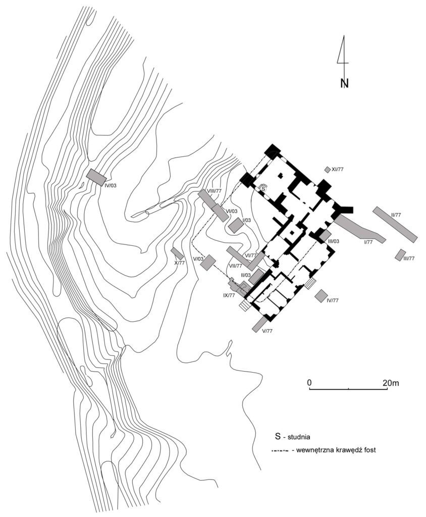 ŚLĘZA-LASOWO, Plan dworu z lokalizacją wykopów archeologicznych (za: Nowakowski 2023, s. 263)