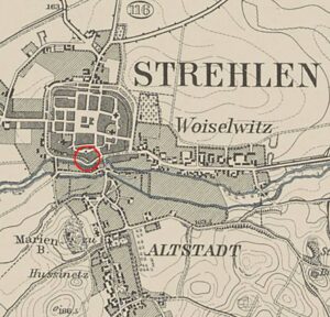STRZELIN, fragment mapy Messtischblatt z lokalizacją zamku