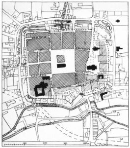 STRZELIN, plan miasta z lokalizacją placu zw. Burgplatz (za: Bimler 1941, s. 93)