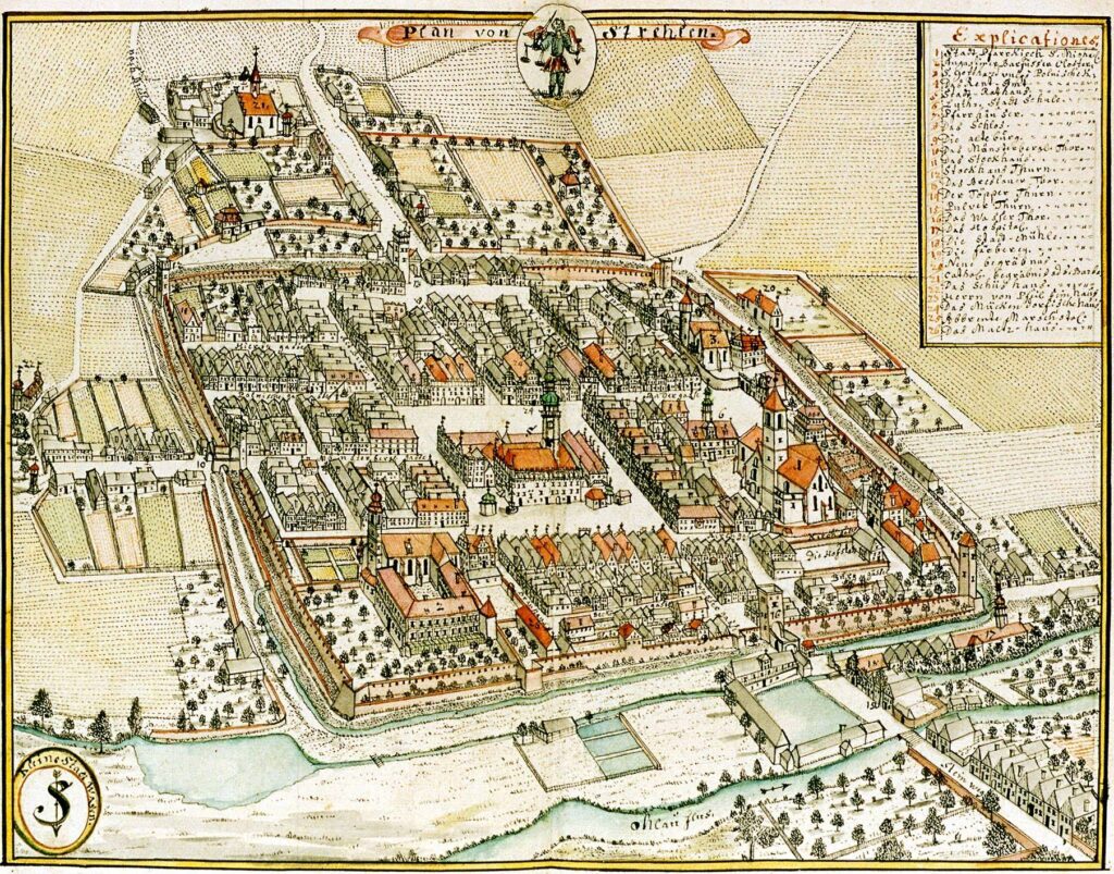 STRZELIN, plan miasta od strony południowej wg ryciny F.B. Wernera z poł. XVIII w.
