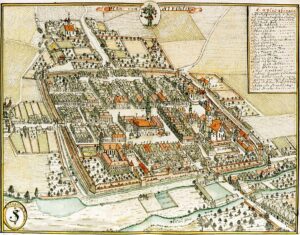 STRZELIN, plan miasta od strony południowej wg ryciny F.B. Wernera z poł. XVIII w.