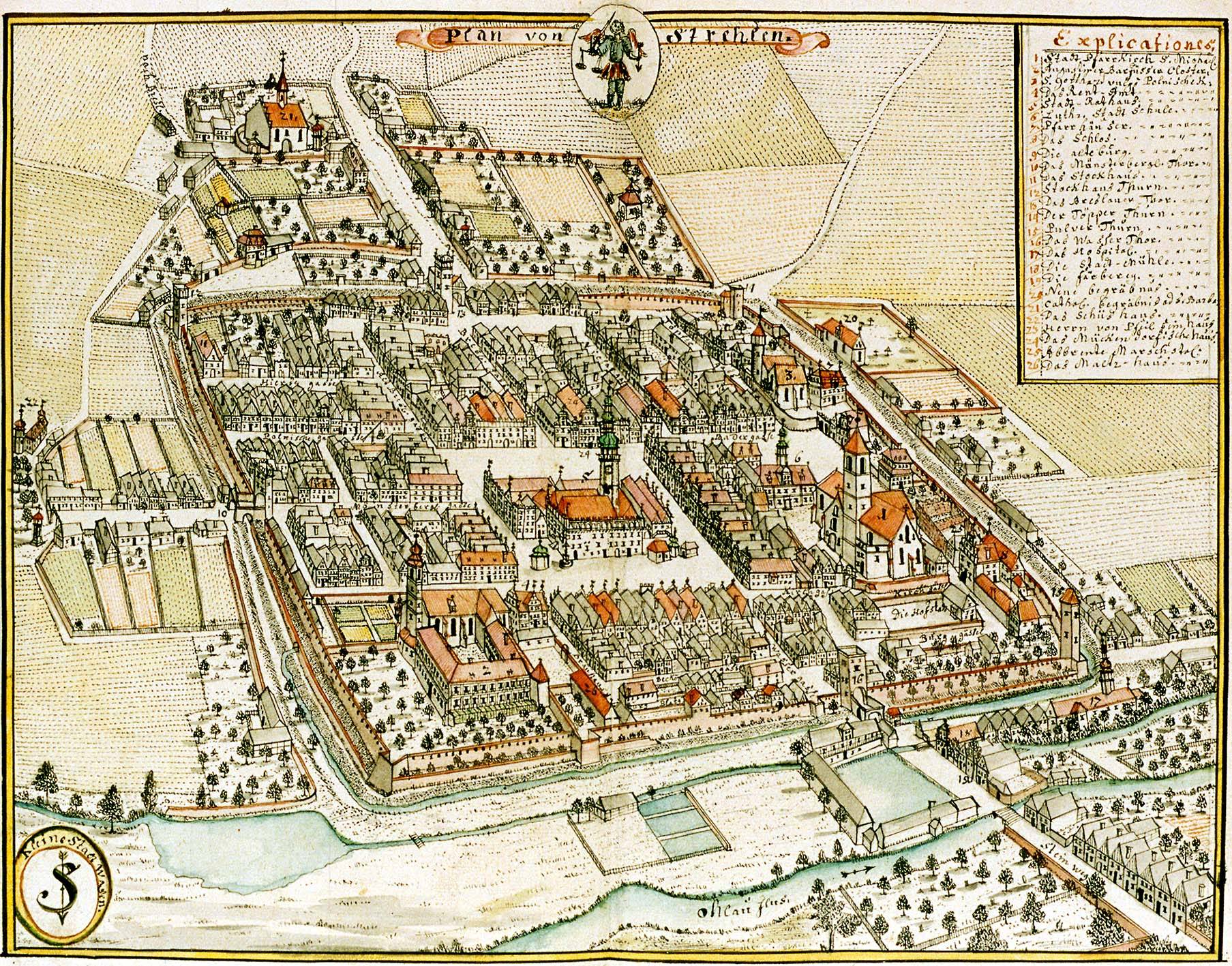 STRZELIN, plan miasta od strony południowej wg ryciny F.B. Wernera z poł. XVIII w.