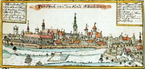 STRZELIN, widok miasta od strony południowej wg ryciny F.B. Wernera z poł. XVIII w.
