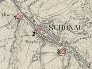 ŚWIERZAWA, fragment mapy Messtischblatt z zaznaczoną lokalizacją warownych dworów: 1 – Sędziszowa, 2 – Świerzawa, 3 – Stara Kraśnica