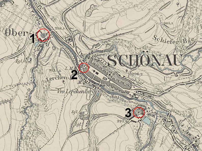 ŚWIERZAWA, fragment mapy Messtischblatt z zaznaczoną lokalizacją warownych dworów: 1 – Sędziszowa, 2 – Świerzawa, 3 – Stara Kraśnica