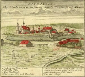 SYCÓW, widok miasta według ryciny F.B. Wernera z poł. XVIII w.