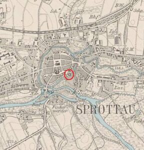 SZPROTAWA, fragment mapy Messtischblatt z lokalizacją zamku