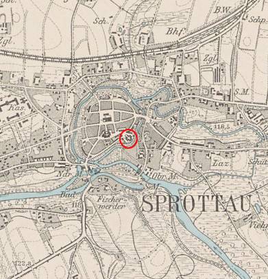 SZPROTAWA, fragment mapy Messtischblatt z lokalizacją zamku
