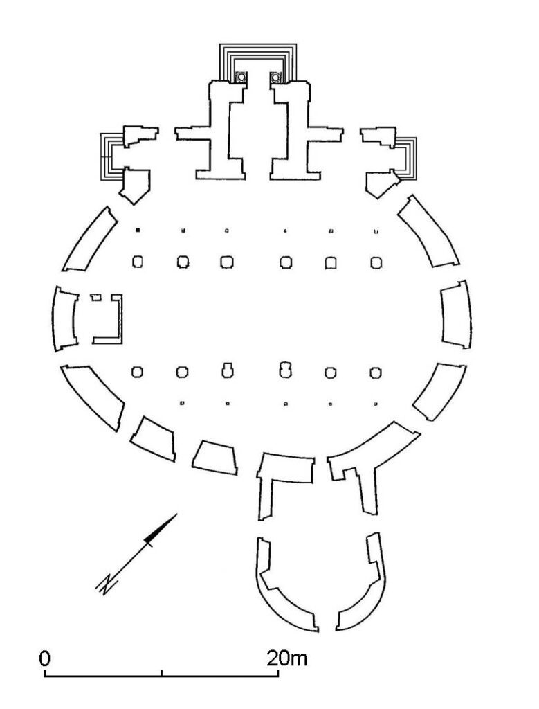 SZPROTAWA, plan reliktów zamku-zboru (za: Nowakowski 2008, s. 393)