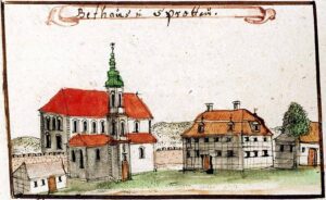 SZPROTAWA, widok zbudowanego na miejscu zamku zboru wg ryciny F.B. Wernera z poł. XVIII w.