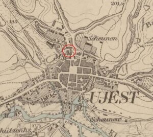 UJAZD, fragment mapy Meßtischblatt z lokalizacja zamku