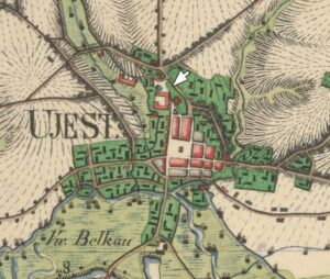 UJAZD, fragment mapy Urmeßtischblatt z 1827 r. z zaznaczoną lokalizacją zamku (SBB, Preussischer Kulturbesirz, sygn. 729)