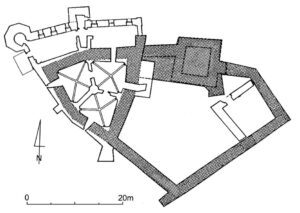 URAZ, plan zamku na poziomie piwnic (za: Chorowska 2003, s. 116)