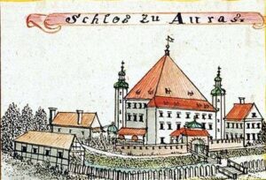 URAZ, widok zamku wg ryciny F.B. Wernera z poł. XVIII w.