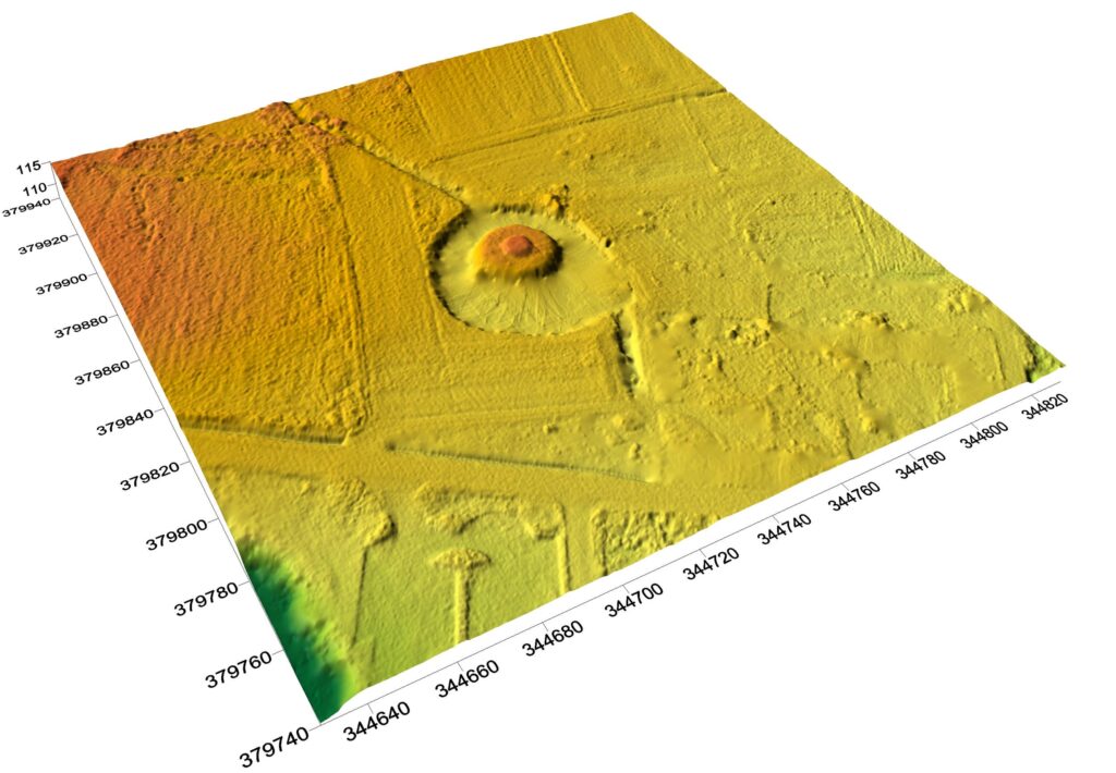 WAŁY, cieniowany model reliefu otoczenia stanowiska (oprac. M. Legut-Pintal, P. Rajski, Katalog Zamków i Dworów Obronnych Śląska [https://zamki.pwr.edu.pl/]. Licencja: CC BY-SA 4.0 [https://creativecommons.org/licenses/by-nc/4.0/]).