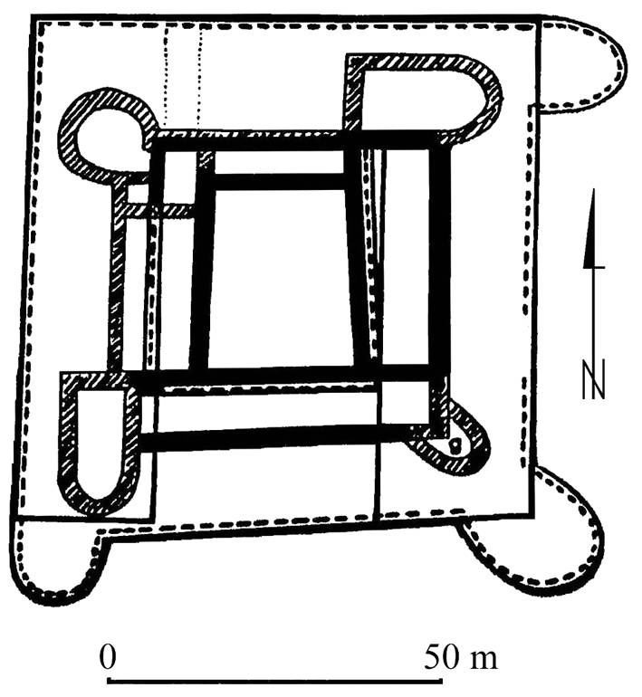 ŻAGAŃ, plan zamku z rekonstrukcją budowli średniowiecznej (czarny) i renesansowej (szrafura) (za: F. Matuszkiewicz, G. Steller 1956, s. 87)