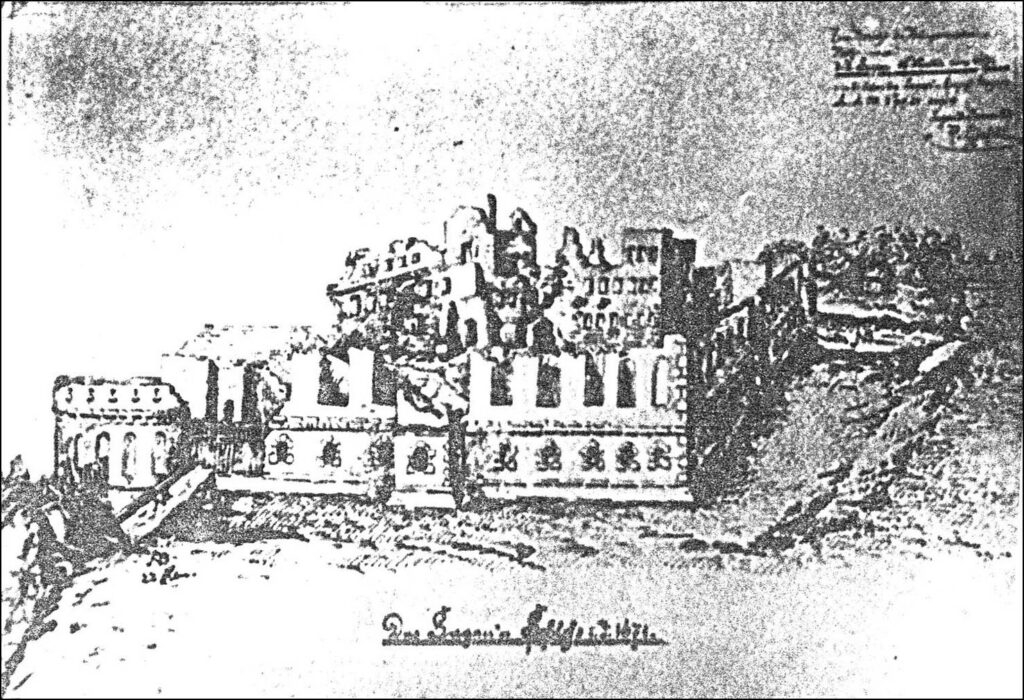 ŻAGAŃ, widok przebudowywanego zamku w 1671 r. z widocznymi elementami średniowiecznego założenia (za: Nowakowski 2008, s. 419)