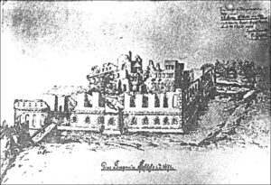 ŻAGAŃ, widok przebudowywanego zamku w 1671 r. z widocznymi elementami średniowiecznego założenia (za: Nowakowski 2008, s. 419)