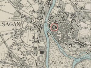 ŻAGAŃ, fragment mapy Messtischblatt z lokalizacją pierwszego zamku miejskiego