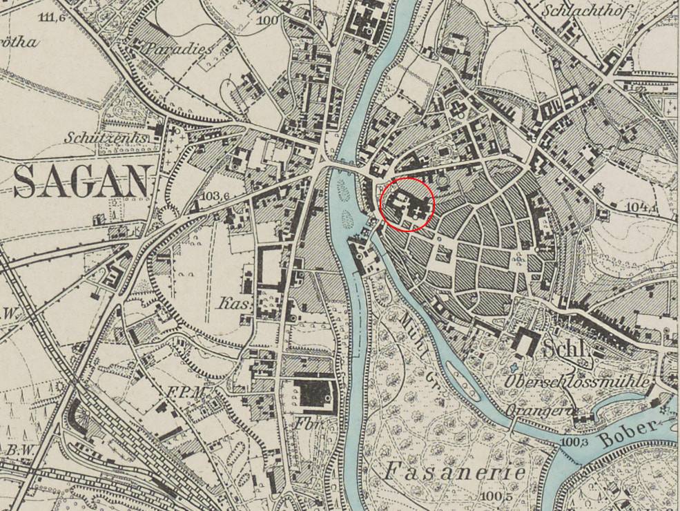 ŻAGAŃ, fragment mapy Messtischblatt z lokalizacją pierwszego zamku miejskiego