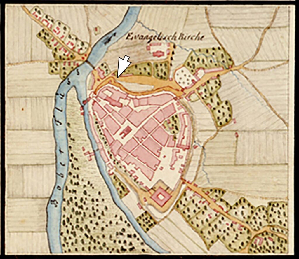 ŻAGAŃ, plan miasta wg ryciny Ch. F. Wredego z lat 1747-1753 z lokalizacją pierwszego zamku (SBB, Preussischer Kulturbesitz, sygn. 15140)