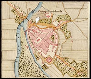 ŻAGAŃ, plan miasta wg ryciny Ch. F. Wredego z lat 1747-1753 z lokalizacją pierwszego zamku (SBB, Preussischer Kulturbesitz, sygn. 15140)
