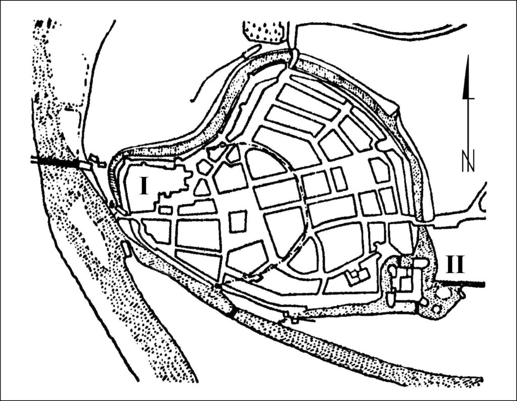ŻAGAŃ, plan średniowiecznego miasta z lokalizacją zamków miejskich (za: Matuszkiewicz)