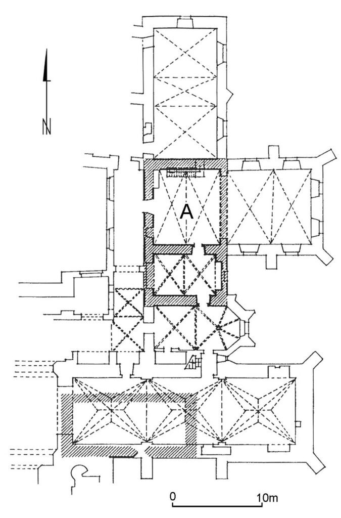 ŻAGAŃ, wschodnie skrzydło klasztoru z reliktami „książęcego domu” (A) (za: A. Kąsinowski 1999, s. 282)