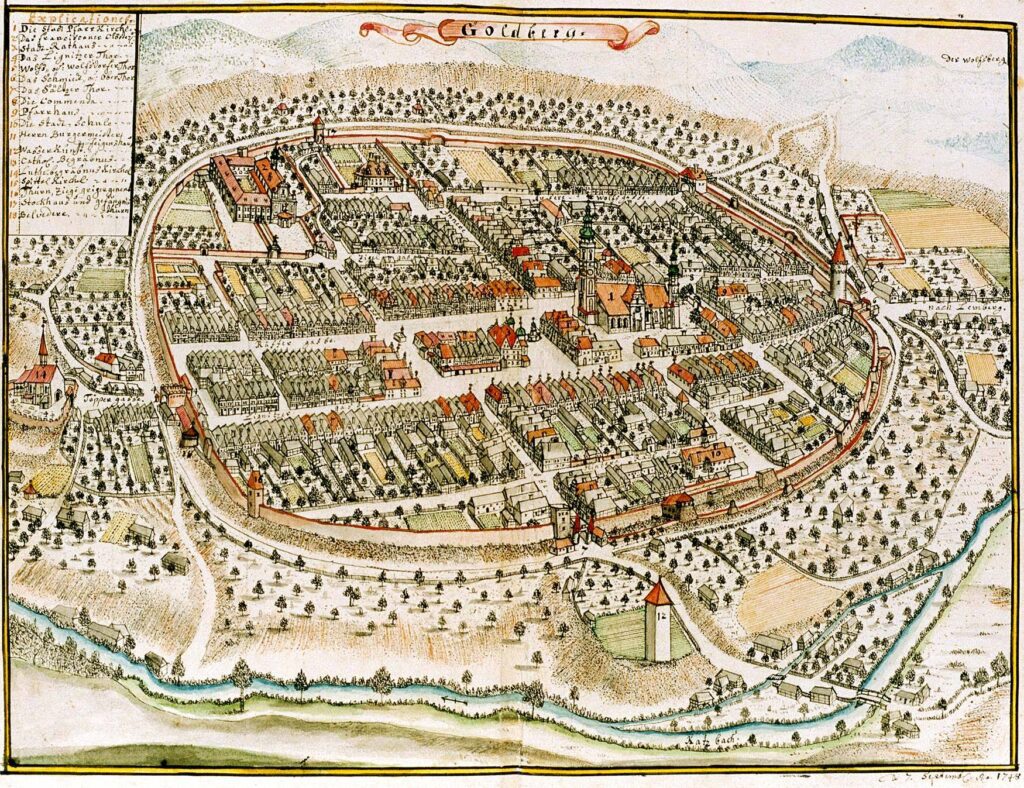 ZŁOTORYJA, widok miasta wg ryciny F.B. Wernera z połowy XVIII w. z lokalizacją wzgórza i wieży ciśnień