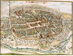 ZŁOTORYJA, widok miasta wg ryciny F.B. Wernera z połowy XVIII w. z lokalizacją wzgórza i wieży ciśnień