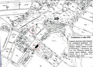 CZECHOWICE-DZIEDZICE, mapa Czechowic z 1836 roku: 1 – dawny dwór obronny Wilczków (późniejszy spichlerz), 2 – pałac Kotulińskich (za: Chromik 2001, modyfikacje R. Biel)