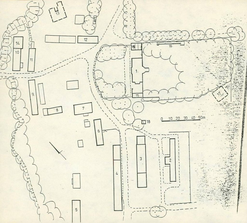 CZECHOWICE-DZIEDZICE, plan założenia pałacowo-parkowego: 1 – pałac Kotulińskich, 13 – dawny dwór obronny Wilczków, późniejszy spichlerz (za: Winder, Strut)