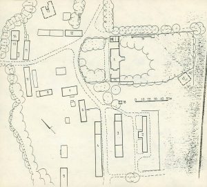 CZECHOWICE-DZIEDZICE, plan założenia pałacowo-parkowego: 1 – pałac Kotulińskich, 13 – dawny dwór obronny Wilczków, późniejszy spichlerz (za: Winder, Strut)