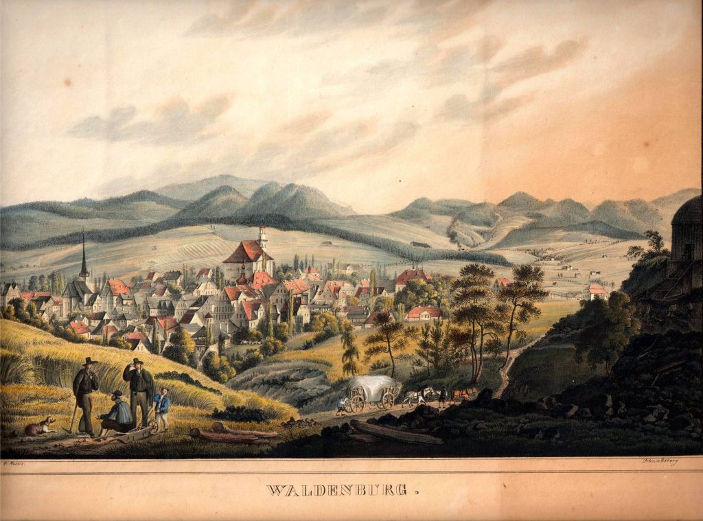 WAŁBRZYCH-ŚRÓDMIEŚCIE, panorama Wałbrzycha, litografia kredkowa, C.T. Mattis. Szczyty siedziby Czettrtzów widać skrajnie z lewej strony (zbiory P. Siemko)