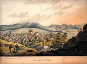 WAŁBRZYCH-ŚRÓDMIEŚCIE, panorama Wałbrzycha, litografia kredkowa, C.T. Mattis. Szczyty siedziby Czettrtzów widać skrajnie z lewej strony (zbiory P. Siemko)