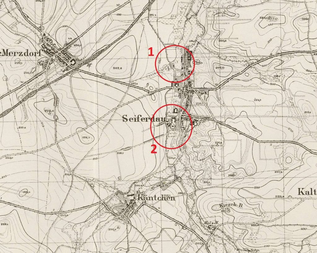 ZEBRZYDÓW, lokalizacja dworów na wycinku mapy topograficznej (Mestissblatt, ark. 5165, Weizenrodau) z 1936 r.; 1 – dwór dolny, 2 – dwór górny (opr. P. Błoniewski)