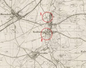 ZEBRZYDÓW, lokalizacja dworów na wycinku mapy topograficznej (Mestissblatt, ark. 5165, Weizenrodau) z 1936 r.; 1 – dwór dolny, 2 – dwór górny (opr. P. Błoniewski)