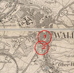 WAŁBRZYCH-ŚRÓDMIEŚCIE, lokalizacja siedzib rycerskich na mapie topograficznej typu Messtischblatt, ark. 6263 Waldenburg, wyd. w 1886 r.: 1 – dwór średniowieczny, 2 – dwór nowożytny (opr. M. Chorowska)